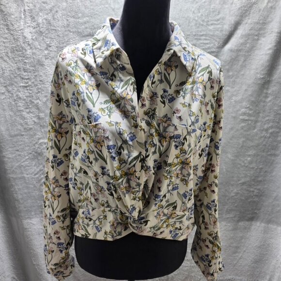 7th Avenue New York & Company Floral Button-Up Blouse XL Semi-Crop front knot - Picture 2 of 11